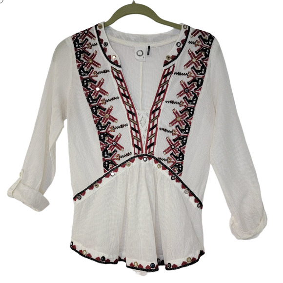 Anthropologie Akemi & Kin Women's Embroidered Boho Peasant Top Off-White Sz S - Picture 2 of 5